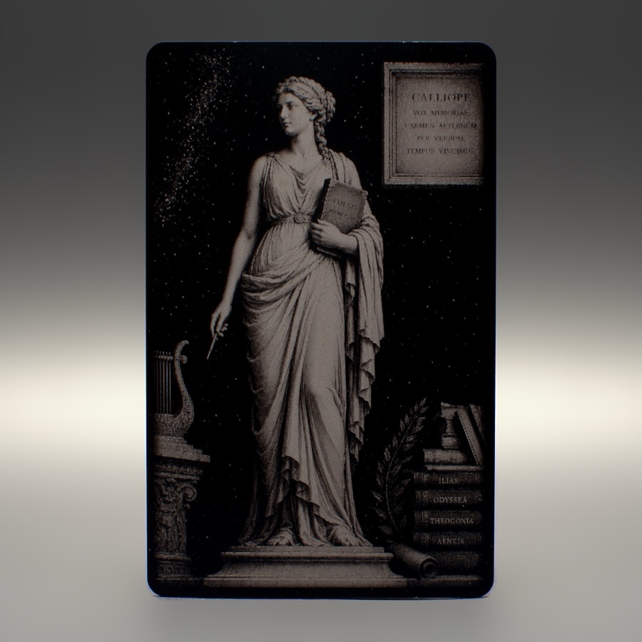 Calliope, Muse of epic poetry, engraved on a black anodized aluminium card