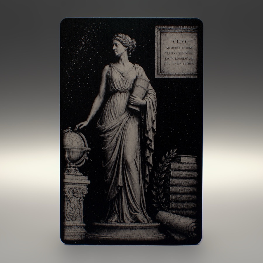 Clio, Muse of history, engraved on a black anodized aluminium card