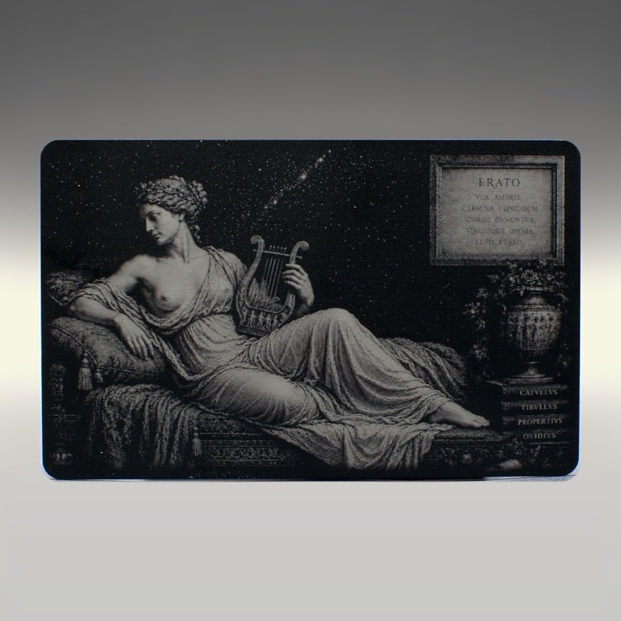 Erato, Muse of love poetry, engraved on a black anodized aluminium card