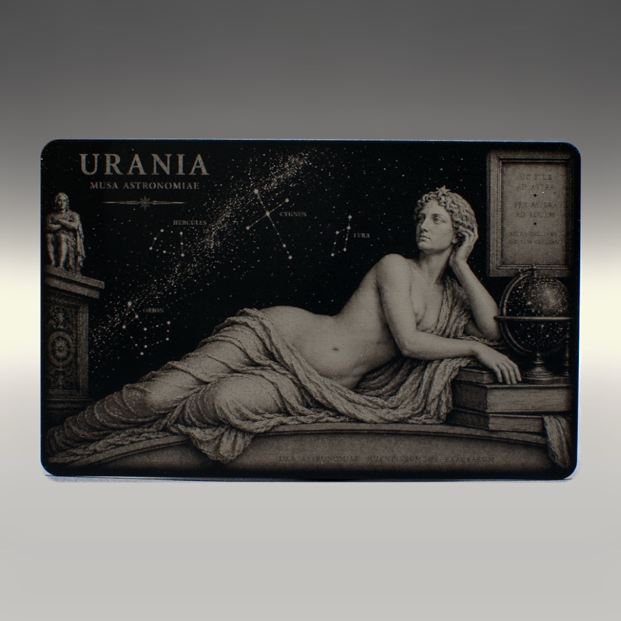Urania, Muse of astronomy, engraved on a black anodized aluminium card